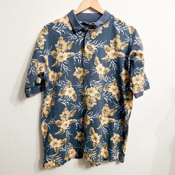Op SPORT Blue Flowers Vacation Tropical Hawaiian Ribbed Polo Med Large - Picture 1 of 4